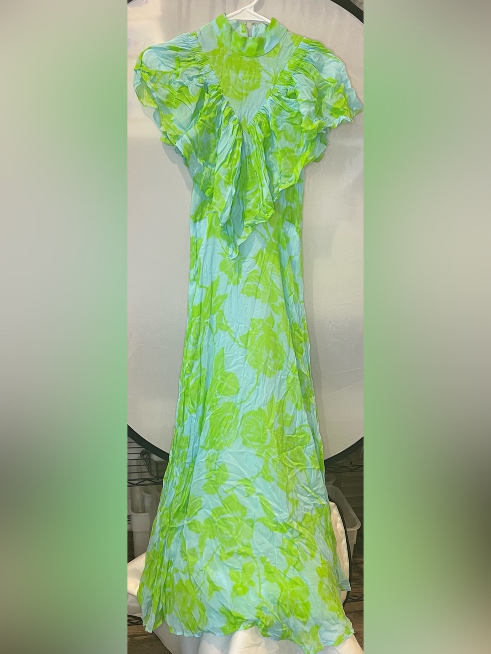 Light Aqua & Lime Floral Ruffle Maxi Dress